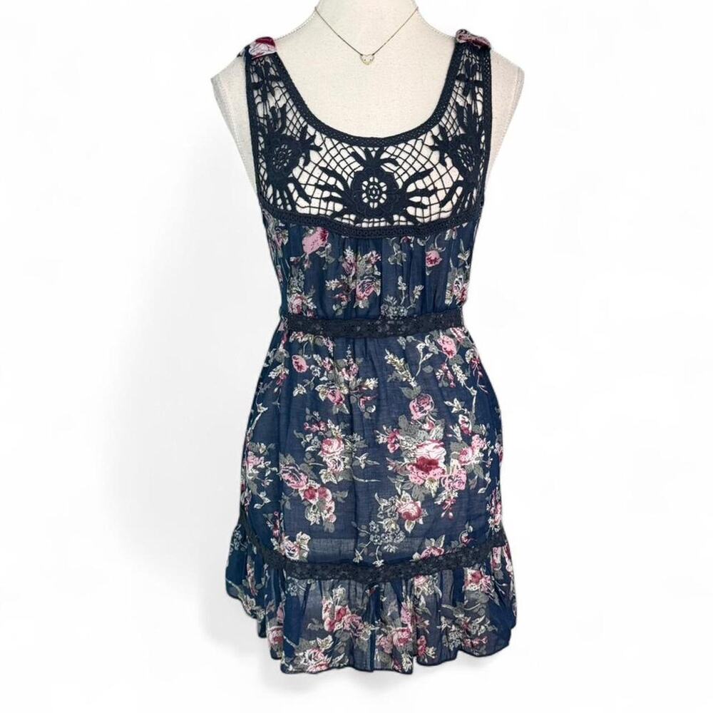 Wet Seal 2000s Floral Lace Baby Doll Tie Back Mini Dress size small 100% Cotton